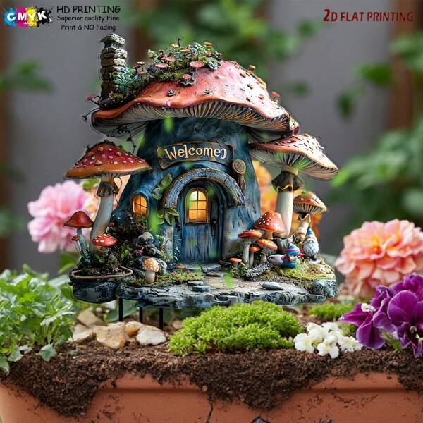 [Mother's Day & Wedding Favors] Mushroom House Decor - 20x15cm/7.87"X5.91" 2D Acrylic Garden Art | Whimsical Fairy Cottage With Colorful Flowers & Lush Greenery | Weatherproof Indoor/Outdoor Accent | Unique Gift For Plant Moms & Theme Parties