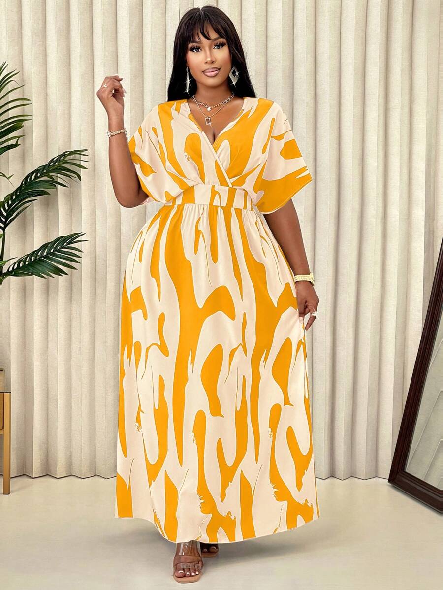 V-Neck Printed Dress (Floral Print Design May Vary) - 黃色 - 查看 1