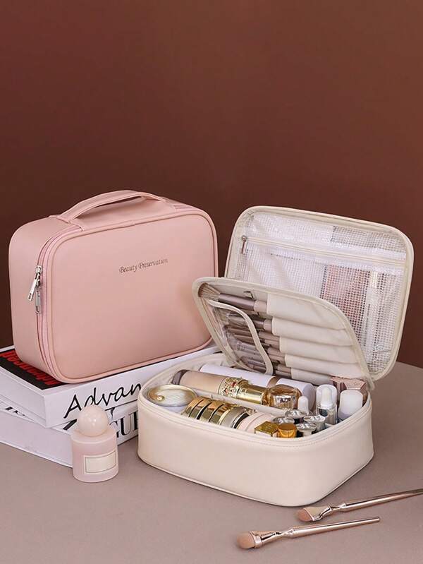 Bolsa de maquillaje multifuncional de gran capacidad de poliuretano para mujeres, con divisores móviles, adecuada para organizar el verano, las vacaciones, el hogar, el baño, los accesorios de decoración del baño y el regreso a la escuela