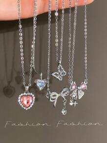 5-8pcs/Set Y2K Fashion Crystal Heart, Butterfly, Tulip, Bow Pendant Necklace Set, Shiny Jewelry Gift For Women, Suitable For Valentine's Day Party