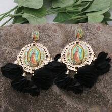 1pair Bohemian Floral Drop Earrings For Women Long Religious Flower Dangle Earrings, Festival Party Jewelry, Vacation Style Accessories