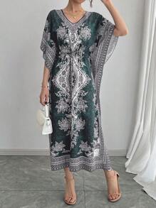Middle Eastern Style Loose V-Neck Breathable High-End Quality Casual Reversible Elastic Waist Slimming Vacation Short Sleeve Dress, Plus Size Abaya Robe Caftan Arabian Traditional Festival Party Formal Gown
