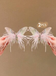 2pcs Girls' Elegant Crystal Butterfly Hair Clips - Green - View 2