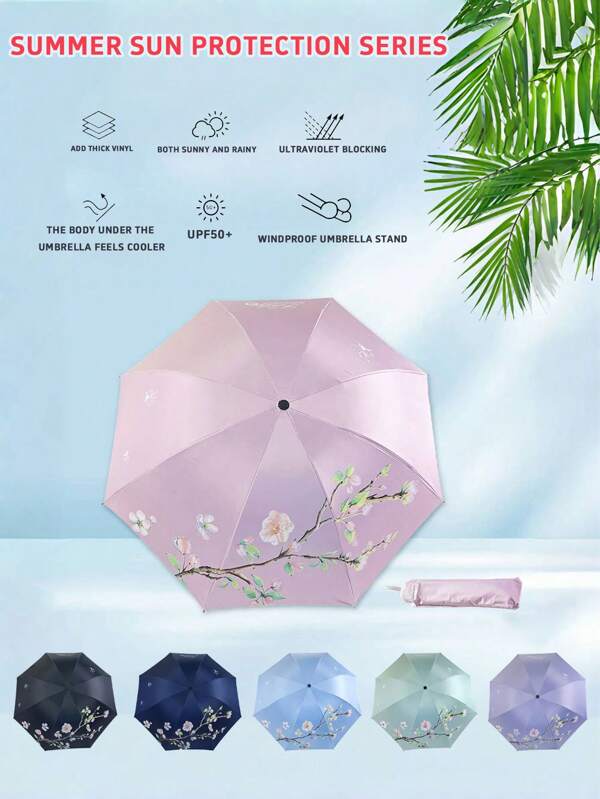 1pc New Apricot Blossom Folding Rain/Sun Umbrella, Black Coating Sun-Protection Parasol For Students & Women Summer Cooling,Beach,Travel