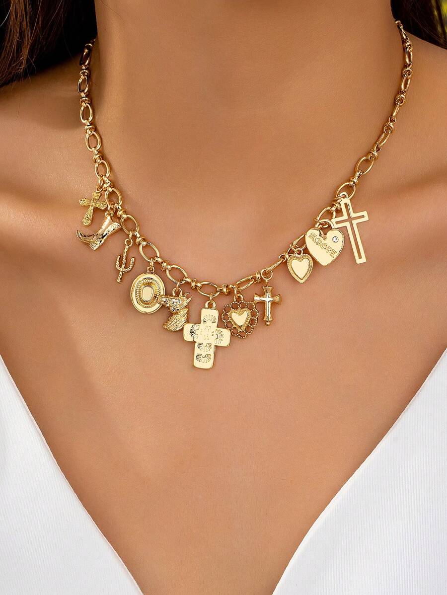 1 Pc Cross Heart Charm Necklace Cowboy Hat Cowgirl Boots Cactus Pendant Necklace Western Charms Necklaces Jewelry - Gold - View 1