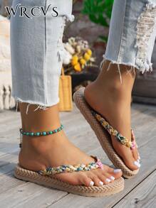 WRCVS 女士蓝色平底凉鞋，轻便舒适，度假一脚蹬拖鞋，透气仿绳鞋底，波西米亚风格沙滩鞋，泡沫底超轻 - 米色 - 查看 3