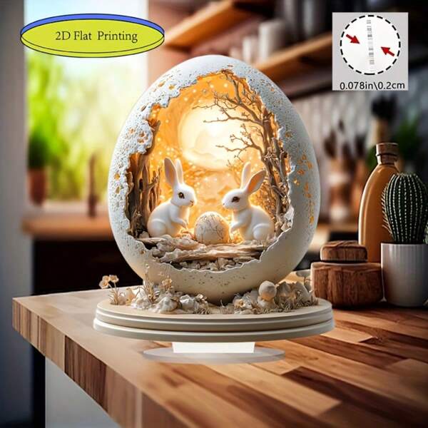2D Flat 1pc 2D Bohemian Style Acrylic Egg With Two White Rabbits- A Charming Desktop Decoration Suitable For Easter And Halloween