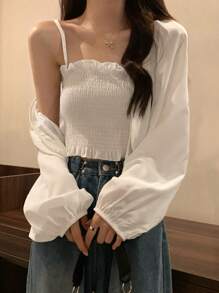 Bộ 2 món áo cánh dài tay rộng rãi đa năng màu trơn mùa hè có áo hai dây tích hợp cho nữ - trắng - Xem 5