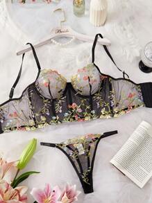 女士亲肤刺绣花卉性感成熟内衣套装 - 黑色 - 查看 1