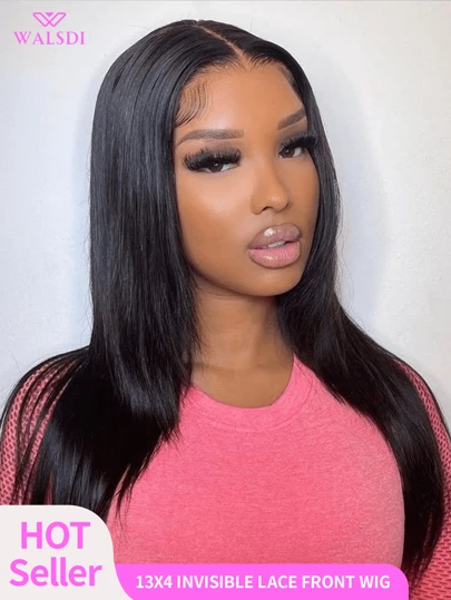 WALSDI 16 英寸直发蕾丝前假发，戴上即走，无胶假发，200% 以上密度，13X4 高清蕾丝前假发，天然瑞士预拔，高清透明蕾丝假发，带婴儿头发，自然黑色染色，女士侧中分假发