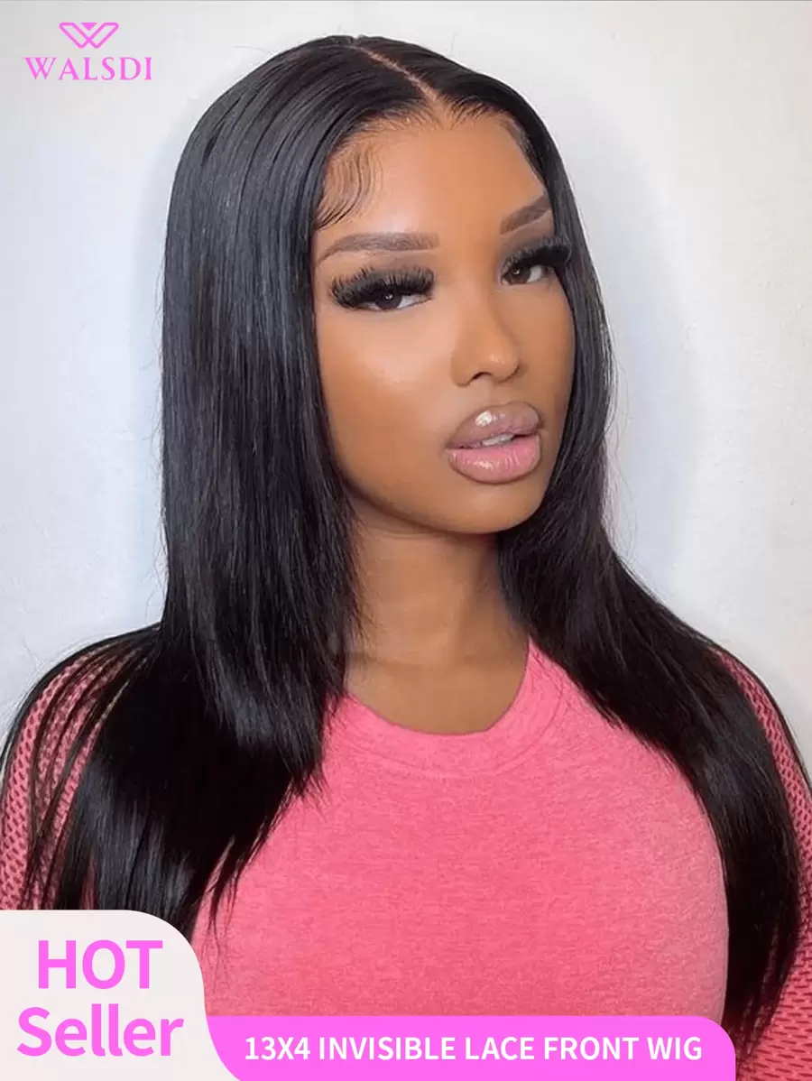 WALSDI 16 英寸直发蕾丝前假发，戴上即走，无胶假发，200% 以上密度，13X4 高清蕾丝前假发，天然瑞士预拔，高清透明蕾丝假发，带婴儿头发，自然黑色染色，女士侧中分假发 - 彩色 - 查看 1
