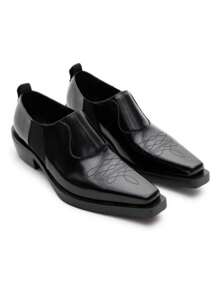 Men's Business Formal Embroidery Slip-On Square Toe Casual Leather Loafers, Elastic Band, Thick Square Heel, Fashion