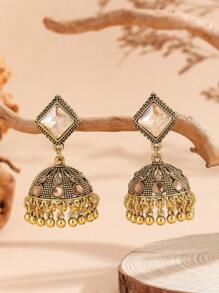 1 Pair Retro Boho Rhinestone Rhombus Earrings With Bells And Tassels, Court Style Jewelry Suitable For Women's Daily, Festival, Wedding And Party Wear/Jewelry Gift - Multicolor - View 8