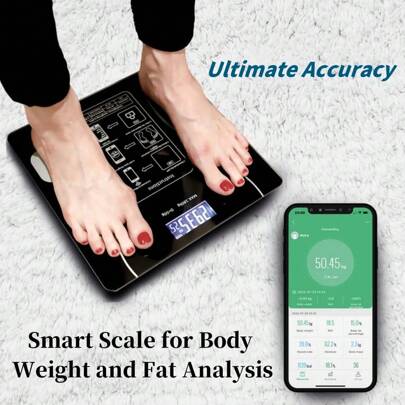 Multi-Function Smart Body Fat And Weight Scale, Bathroom Digital Scale With Tempered Glass Wide Platform, Precise & Safe, Large Digits, Easy-Read Electronic Scale, LCD Display, 390lbs Capacity Bathroom Weight Scale, Connects To Mobile Devices To Receive Real-Time Data, Suitable For Home, Fitness, Outdoor - No Batteries Included