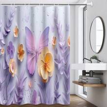 1/4pcs Artistic Floral & Butterfly Pattern Printed Waterproof Shower Curtain Set, Modern Minimalist Daily Elements, Bathroom Decor With 12 Hooks, Toilet Mat, Bathtub Curtain, Polyester Fabric, Machine Washable, Suitable As Gift For Hotel, Apartment, Home - Multicolor - View 17