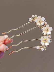 1pc Elegant Vintage Alloy Hair Clip - Floral Hair Comb Decor With Pearl & Rhinestone, U-Shaped Hair Bun Holder, Suitable For Birthday & Special Occasions Combs For Hair Side Comb