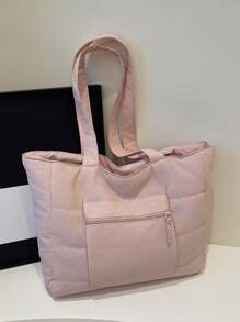 Bolso de tote acolchado de unicolor minimalista, esencial para primavera/verano. Ligero y práctico, con gran capacidad, con bolsillos, correa para el hombro, cierre con cremallera, doble correa para el hombro y un llamativo bolsillo para el brazo, adecuado para ir al trabajo, la escuela, de compras y almacenamiento. - Rosa Pálido - Ver 8