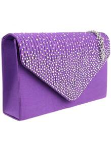 Girly Handbags Womens Pleated Diamante  Satin Clutch Bag - Purple - View 3