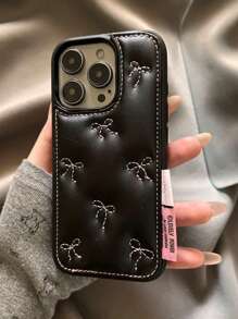 Korean Ins-Style Fashion Leather Embroidered Bow-Knot Cell Phone Case Compatible With  16 Pro Max,  15 New Women's Model,  14 High-Grade Niche 16 Anti-Fall 15 Pro 14 Pro Protective Cover 13 Waterproof Shockproof Scratch Resistant