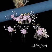 2/3/4 piezas Pasador de pelo con flores y perlas de imitación para mujer, y 1 peineta para bodas, fiestas, tocados estilo bohemio