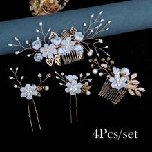 2/3/4 piezas Pasador de pelo con flores y perlas de imitación para mujer, y 1 peineta para bodas, fiestas, tocados estilo bohemio