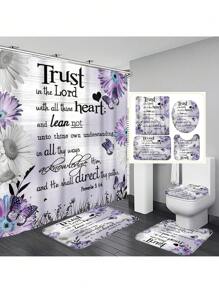 1pc/4pcs Floral & Bible Verse, Flower & Butterfly Print Multi-Function Bathroom Decor Set Incl. Waterproof Shower Curtain With 12 Hooks, Non-Slip Bath Mat, U-Shaped Toilet Mat & Round Toilet Lid Cover, Suitable For Entire Bathroom Back To School