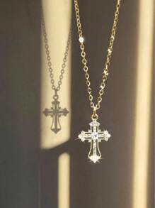 1pc Simple Rhinestone & Faux Pearl Inlaid Cross Pendant Stainless Steel Chain Necklace For Women And Men, Daily Wear - Gold - View 2