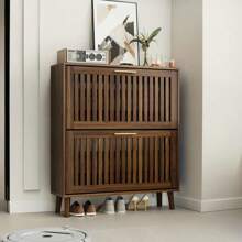 Shoe Storage Cabinet With 2 Flip Louvered Drawers, Slim Shoe Organizer Rack With Golden Handles, Freestanding Hidden Entryway Shoe Cabinet  For Hallway, Walnut - Walnut - View 2