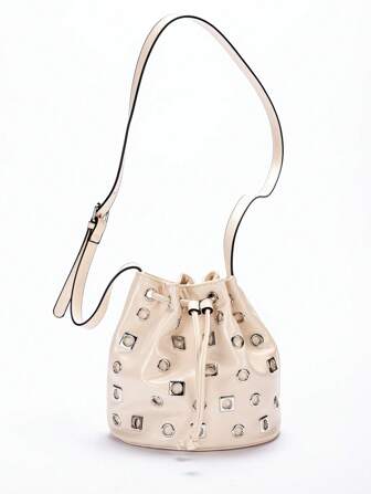 1pc Light Beige Waxed Leather Punk Style Rivet Hollow Out Decor Shoulder Bucket Bag, Y2K Women Crossbody Bag, Casual Hobo Bag, Suitable For Girls, Ladies, College Students, Professional Beginners And Office Ladies, Perfect For Work, Business, Commuting And School, Fashionable Spring/Summer New Item