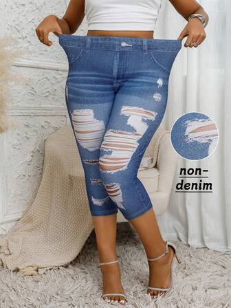 Plus Size Distressed Denim Effect Elastic Casual 3/4 Leggings Shorts