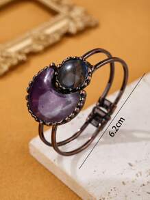 1pc Vintage Style Purple Amethyst Moon Shape Combine Natural Sunstone Exaggerated Big Handmade Welding Electroplated Bronze Color Bracelet, Women Party Gift (Natural Sunstone's Color & Shape Varies, Some Black Spots & Cracks Are Natural Phenomenon, Not Defects)