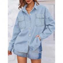 Women's Plain Button Front Drop Shoulder Curved Hem Denim Jacket, Casual Fashionable Loose Fit Long Sleeve Pocket Design Collar Jacket Outerwear For Daily Wear, Ladies Clothes For All Seasons, Womens Clothes - 輕洗 - 查看 5