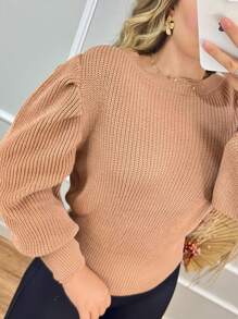 Women's Winter Cold Weather Puff Sleeve Princess Long Pleated Knit Sweater Top - 米金色 - 查看 3