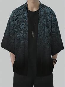 Men's Olive Green Floral Retro Pattern Kimono Style Clothing, Beach Casual Shirt