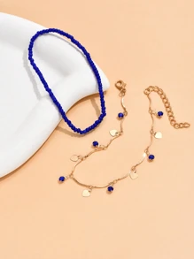 2pcs/Set Beach Vacation Style Pearl Beaded Chain Anklet (Random Blue Glass Rhinestone Quantity, Avoid Contact With Water) - Royal Blue - View 5