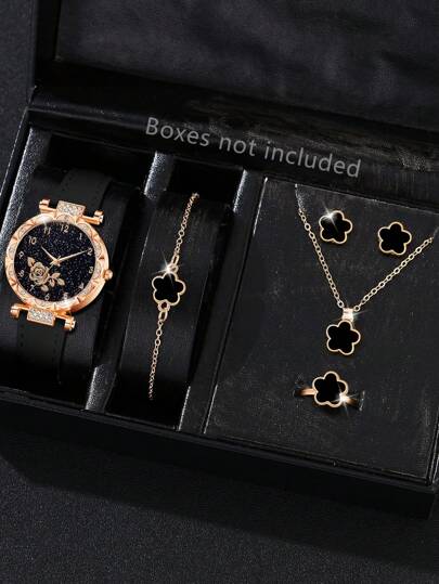 Conjunto de relógio feminino com pulseira de Pu preto 6 peças, moda floral, balança digital, mostrador circular, pulseira de relógio de quartzo, colar, brincos, adequado para roupas do dia a dia ou presentes de feriado