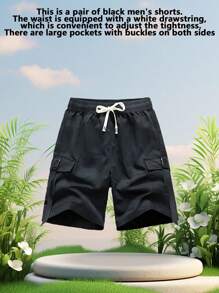 Men's Casual Cargo Shorts With Drawstring Waist, Suitable For Summer Outdoor Wear - Black - View 3