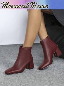 Women's New Elegant Minimalist Square Toe Mid-Low Heel Ankle Boots,Fashion Match Black Dress