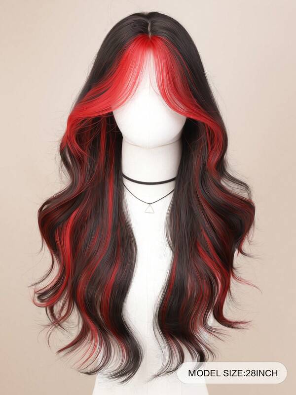 26 Inch Wavy Lace Front Wig Women, Black With Red Highlights, Middle Parting Bangs, Heat-Resistant Synthetic Curly Wig, Suitable For Daily, Party, Christmas Cosplay