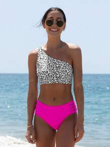 popvil Set bikini a vita media con stampa leopardata, scollo a una spalla e cut-out, adatto per l'estate e la spiaggia