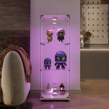 Vetrina in vetro con illuminazione a LED, 4 ripiani con anta, vetrina in vetro temperato con schienale a specchio, libreria da terra per soggiorno, camera da letto, ufficio