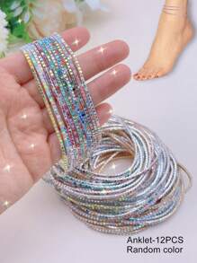 Set Of Multiple Crystal Rhinestone Anklets, Flexible Shiny & Colorful Design For Beach, Party, Fashion - Anklet - View 16