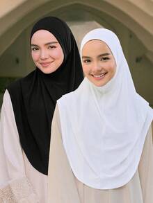 2pcs Women Solid Color Elastic Chin Cover Head Scarf, Hijab Wrap To Pair With Abaya Robe, Suitable For Daily Wear - 2-piece Set - View 3