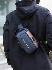 男士多功能運動斜挎胸包，附USB接口，適合通勤、宿舍、旅行，男士胸包斜挎包 - 黑色 - 查看 4