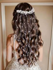 1件精致白色仿珍珠串珠流苏发链头饰，手工制作，适合新娘、婚礼、派对、节日、春季写真、仙女风发饰，适合跳舞、准新娘、女士发饰