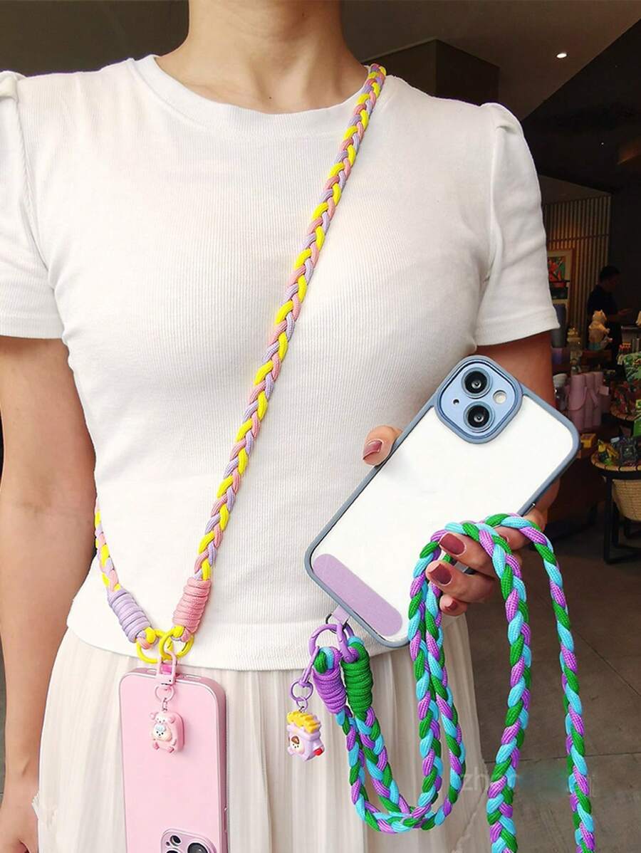 3-Strand Braided Phone Lanyard, Women Long Diagonal Hanging Neck Strap, Nylon Outdoor Travel Anti-Lost Cord With Random Color Metal Clasp Gifts For Mother, Family, Friends, Birthday, Holiday Phone Charm, Phone Chain - Multicolor - View 1