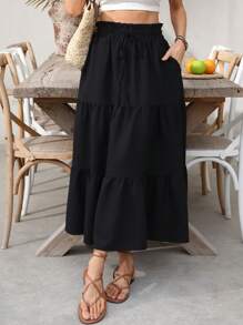 Falda midi casual de mujer con volantes en la cintura, bolsillos y dobladillo con volantes en unicolor - Negro - Ver 9
