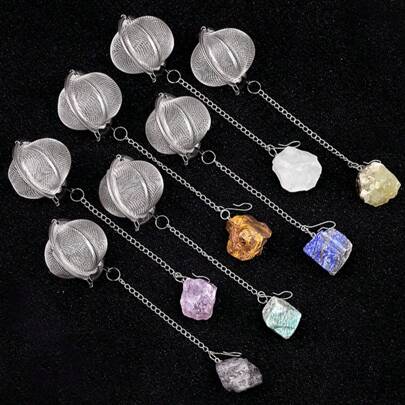 1/5件套不锈钢网状茶漏，2英寸（约5厘米），宝石吊坠水晶茶具套装，包含茶杯、茶漏和茶碟，茶漏饰有紫水晶、虎眼石和新月吊坠，适用于散装茶叶