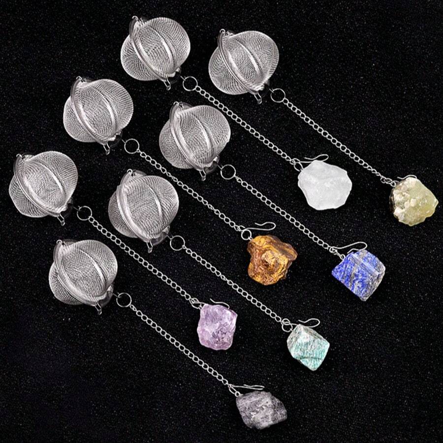 1/5 piezas Infusor de té de malla de acero inoxidable de 2 pulgadas (aproximadamente 5 cm) Colgante de piedra original Juego de té de cristal, taza, accesorios de cocina, infusor de té y taza de té, infusor de té con colgante de amatista, rosa, ojo de tigre y media luna, colador de té para té suelto