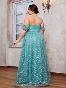 Plus Size Off-Shoulder Ruffled Sleeve Embroidered Maxi Dress With High Slit, Party Dress, For Cocktail - Green - View 1